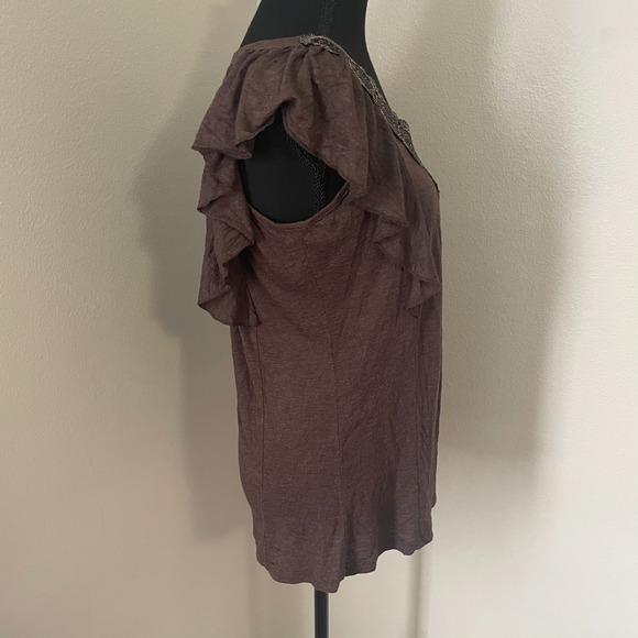 Y2K VANITY Womens Sz L Brown Sequin Embellished Ruffle Sleeve Stretch Top VTG - Picture 5 of 9